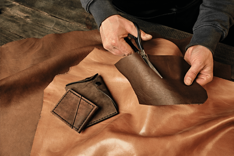 Artesão cortando couro marrom com tesoura sobre bancada de madeira, em uma fornecedora de couro familiar, com carteira uma artesanal ao lado.
